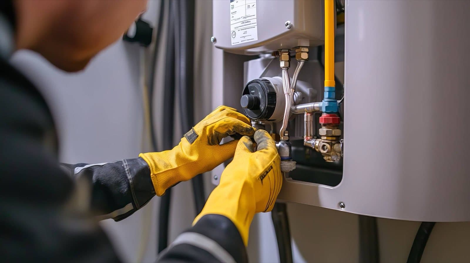 A technician in yellow gloves working on the fittings of a hot water unit