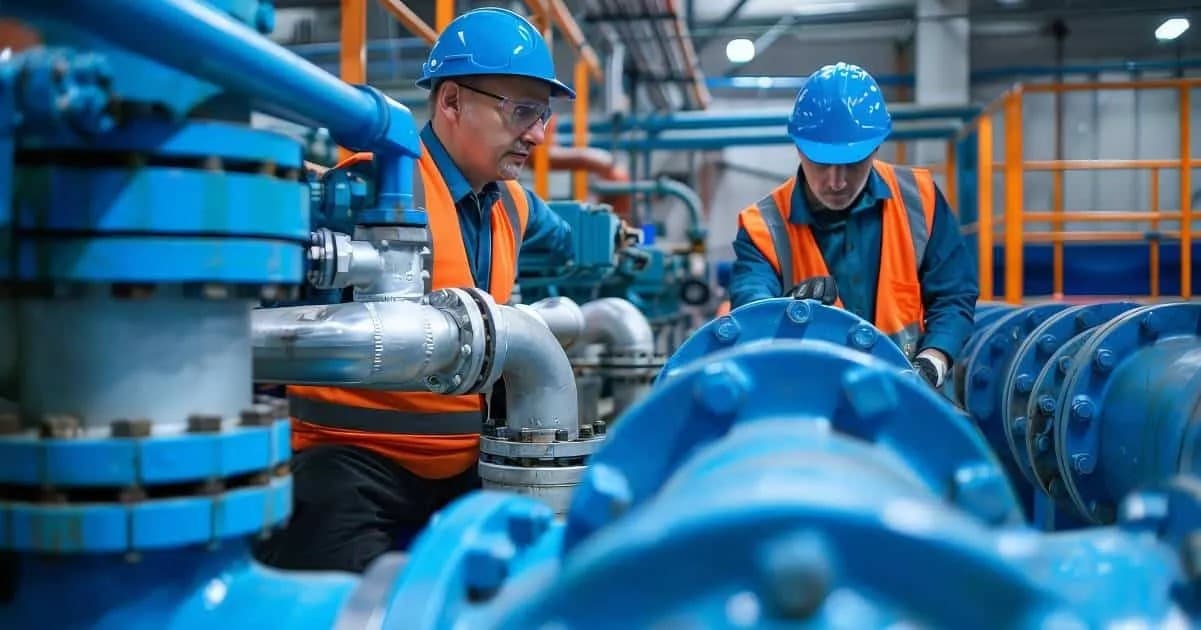 Two technicians in hard hats and hi-vis working on large blue industrial pipework