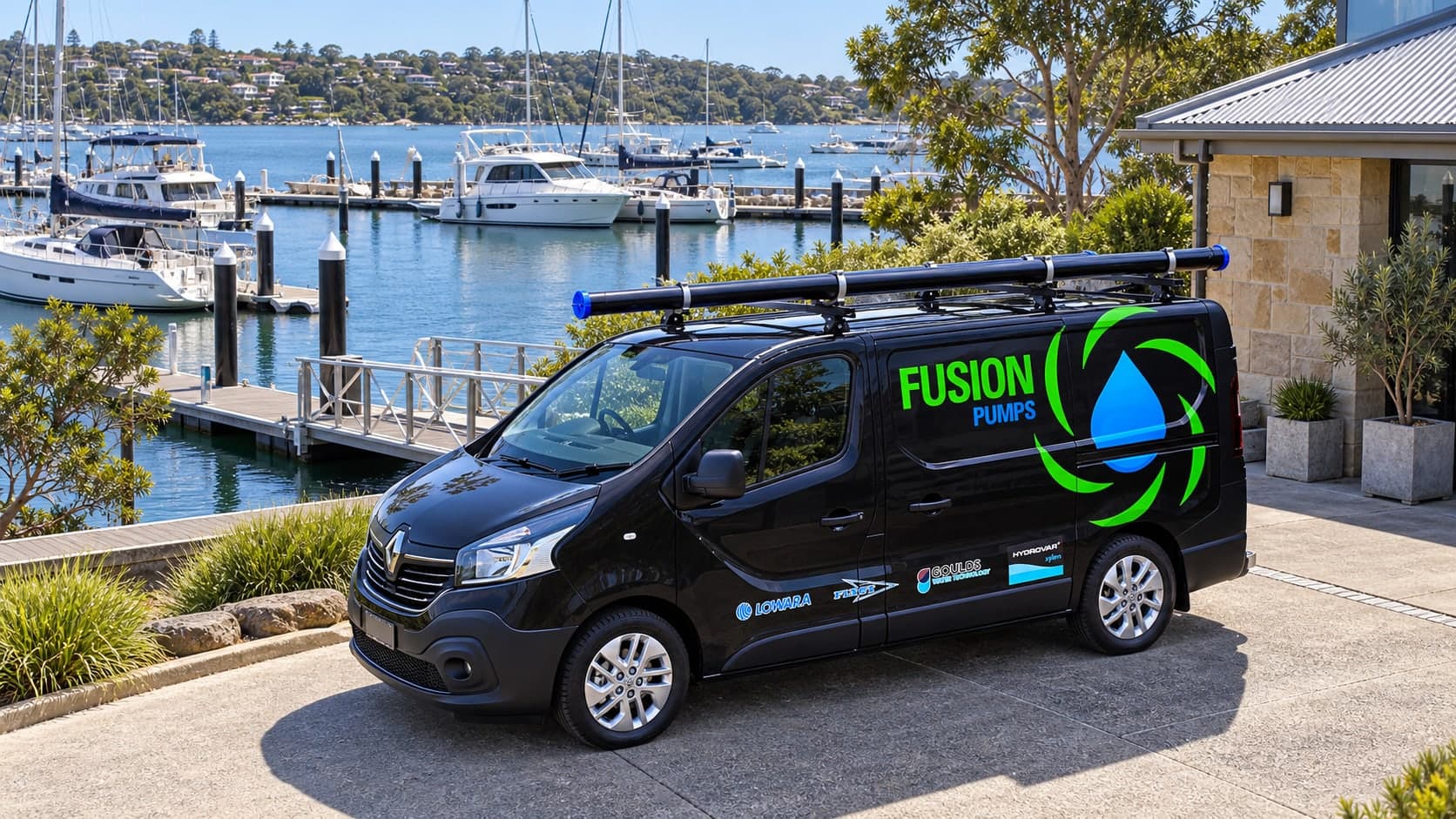 Fusion Pumps service van at a waterfront marina